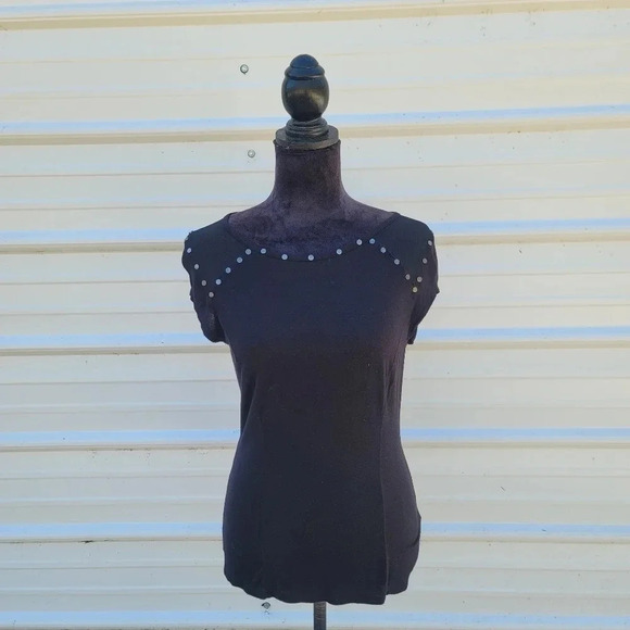 Rock & Republic Studded Womens S Scoop Neck Shirt Black Mesh Inserts - Picture 6 of 10